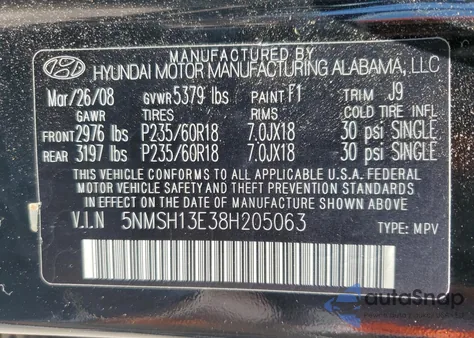 2008 Hyundai Santa Fe Se from USA, damaged, VIN 5NMSH13E38H205063